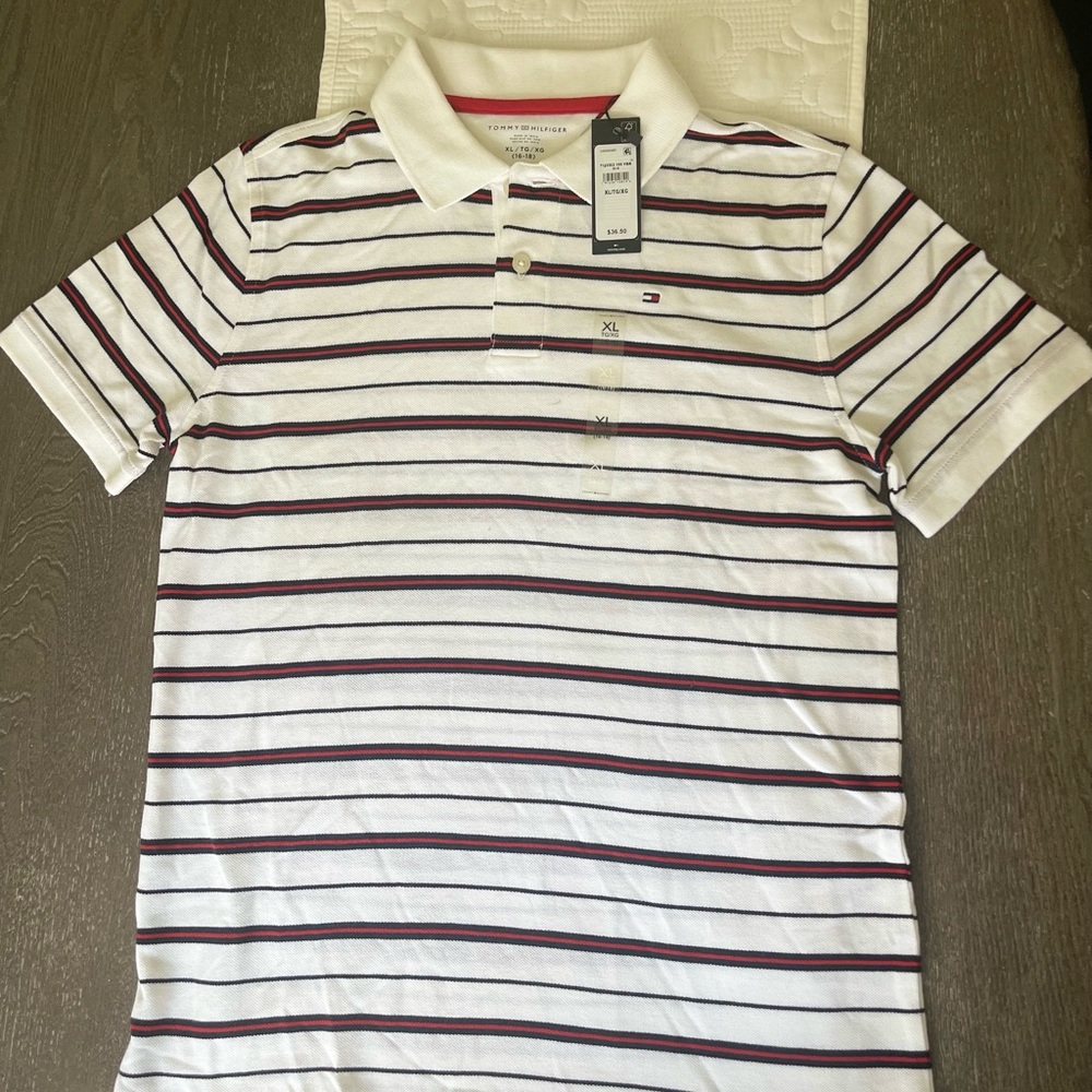SOLD 
Tommy Hilfiger Men's Polo with Navy and Red Stripes